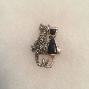 MT BROOCH PIN PENDANT CATS STERLING SILVER 925 MARCASITE BLACK ENAMEL SIGNED